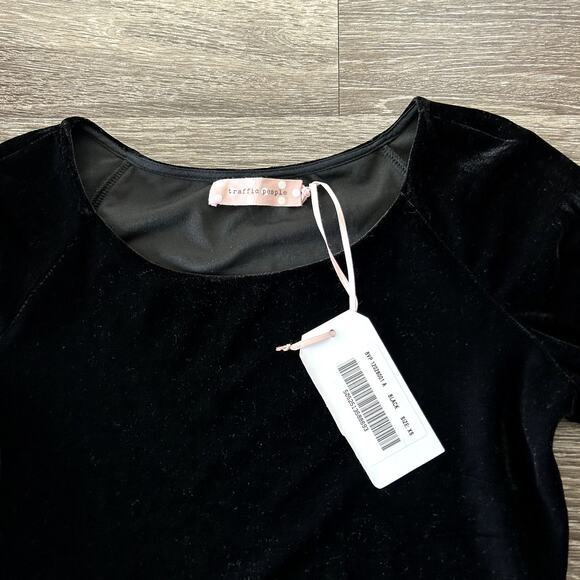 NWT Traffic People Black Velvet Bodysuit Sz XS Long Sleeve Scoop Neck One Piece - Picture 4 of 14